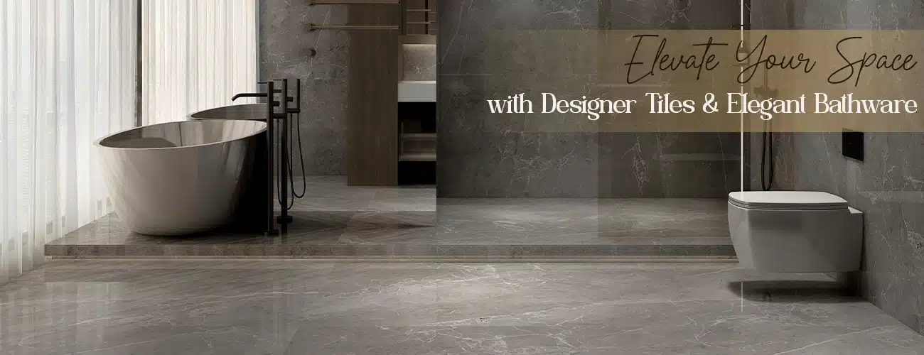Luxurious bathroom with designer tiles and bathware by Tile House, blending modern style with timeless elegance.