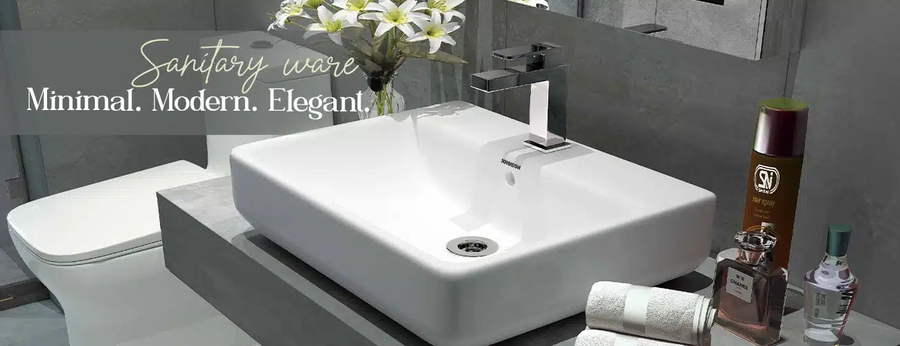 Modern sanitary ware by Tile House, featuring a sleek wash basin, stylish tap, and elegant bathroom accessories.