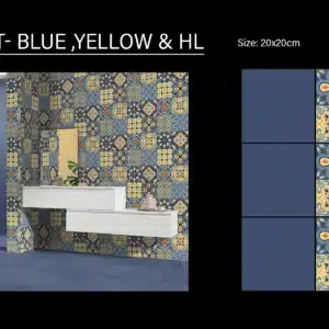 Kepos Blue & Yellow wall tile design with highlight – 1x1 ft Johnson Tiles for kitchen and bathroom | Tile House Madipakkam showroom, Chennai