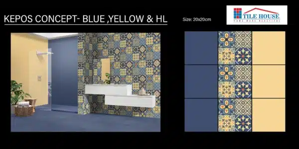 Kepos Blue & Yellow wall tile design with highlight – 1x1 ft Johnson Tiles for kitchen and bathroom | Tile House Madipakkam showroom, Chennai