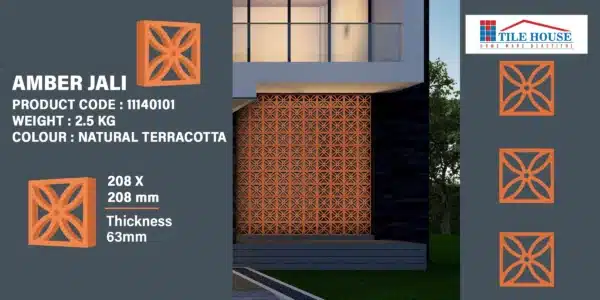 Amber clay jali – geometric pattern terracotta tile 208x208 mm | 63mm thick | Tile House Chennai – Puzhal, Redhills, Mint