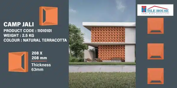 Camp jali clay tile – terracotta ventilation block with bold lines | 208x208 mm | Tile House Chennai – Madipakkam, Redhills