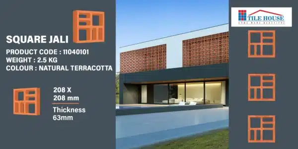 Square jali clay tile – bold, symmetrical terracotta design | 208x208 mm | Tile House Chennai – Redhills, Vadapalani