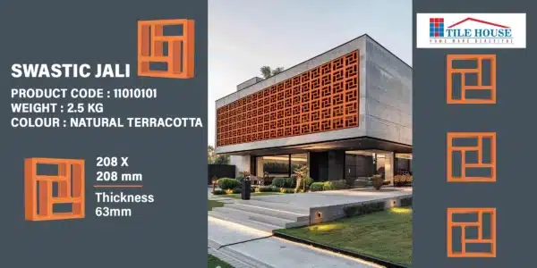 Swastik jali – cultural clay jali tile 208x208 mm | 63mm thick | Terracotta ventilation tile | Tile House Chennai – Puzhal