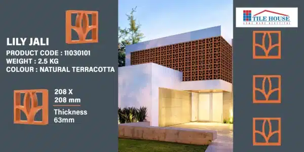 Lily clay jali tile – 208x208 mm terracotta block with floral cut | Tile House Chennai | Available at Vadapalani, Mint & Redhills