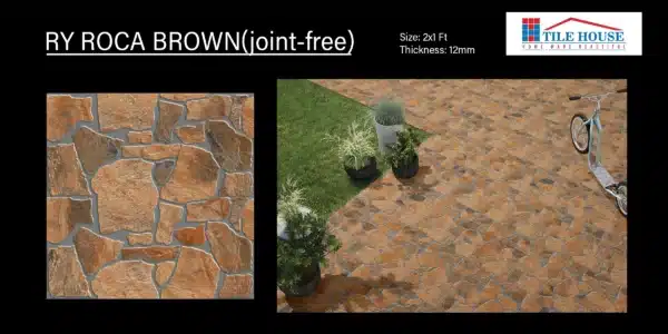 Roca Brown – 2x1 ft joint-free elevation tile for rustic exteriors | Johnson Tiles | Tile House showroom, Redhills
