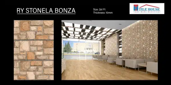 Stonela Bonza – 2x1 ft elevation tile with stone texture | Johnson Tiles at Tile House showroom, Mint, Chennai